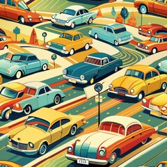 Seamless pattern of classic vintage cars cruising down a retro street, Generative AI