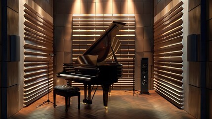 A sleek music room with soundproof walls and a grand piano