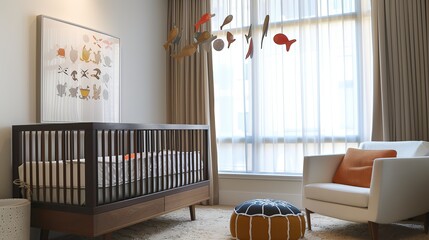 A sleek nursery with a modern crib and a whimsical mobile