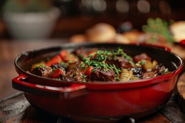Beef stew with veggies and prunes in a red pot