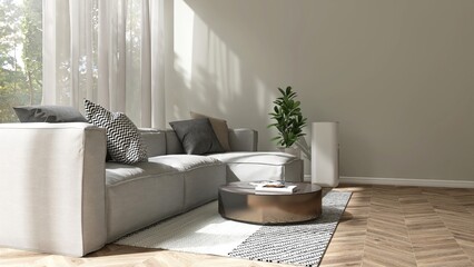 Modern, luxury fabric gray sofa, cushion, round coffee table in living room in sunlight, tree shadow from window for interior design decoration, product background 3D