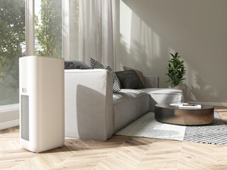 Modern air purifier in luxury pastel green wall living room with gray sofa on herringbone wood parquet floor in sunlight from window for fresh clean air technology concept, product background 3D