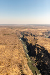 Aerial shot of the lower river gorge of the Zambezi river in southern africa.