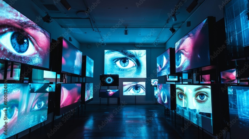Poster an installation featuring a series of screens displaying constantly changing images and sounds influ