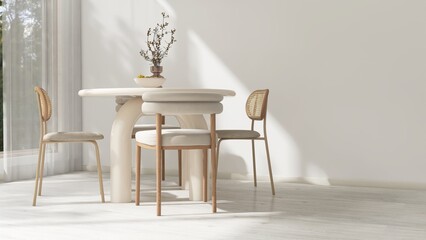 Modern and minimal white dining room with cream round table, cushion rattan chair on laminated wooden floor by window with sheer curtain for luxury interior design decoration, product background 3D