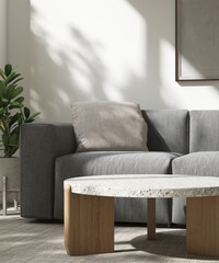 Round white terrazzo coffee table with wooden leg, minimal and luxury gray sofa on beige carpet floor in white wall living room in dappled light sunlight for interior design decoration background 3D