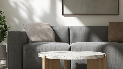 Round white terrazzo coffee table with wooden leg, minimal and luxury gray sofa in white wall...