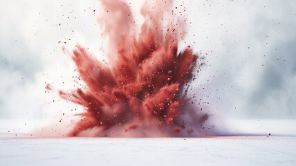 A dramatic explosion of red chalk dust unfolding in captivating detail on a serene white surface