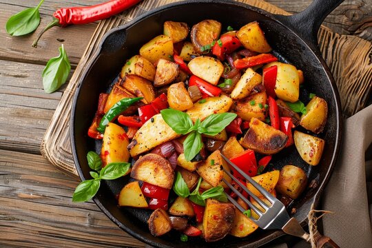 Bird s eye view of breakfast potatoes in cast iron Peppers onions and cubes in skillet on farmhouse table with fork