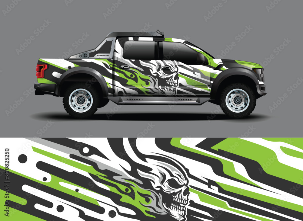 Poster car wrap decal vinyl sticker designs concept. auto design geometric stripe skull background for wrap