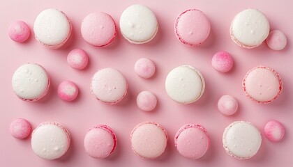Obraz premium Bird s eye view of small pink and white macaron on delicate pink backdrop