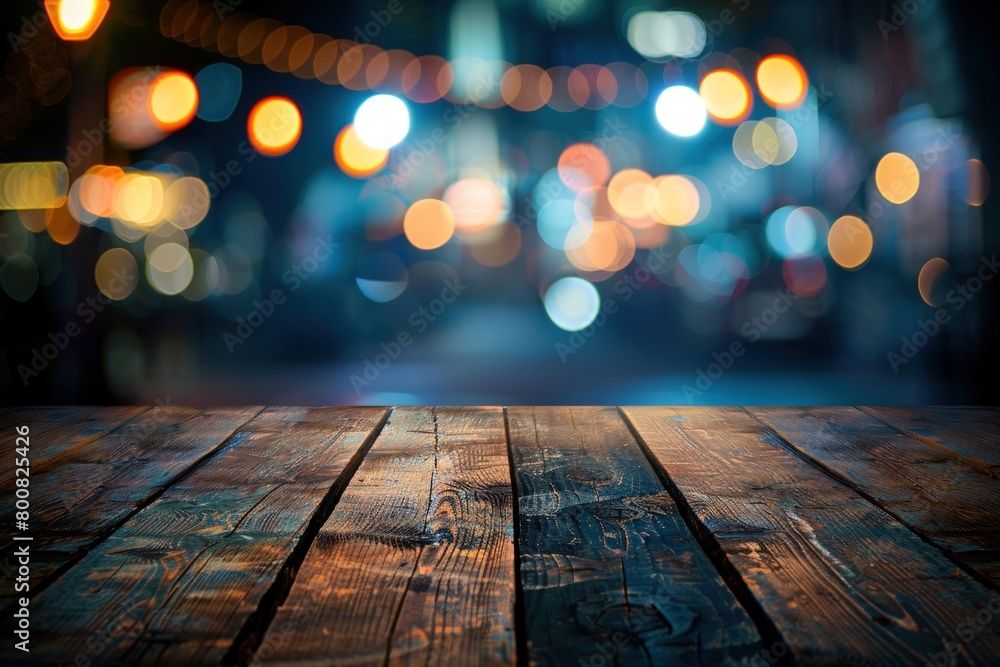Aufkleber empty wooden table top with blurred background of night with lamp.. generate ai image