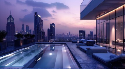 A sleek rooftop terrace with an infinity-edge pool and skyline backdrop