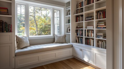 A sleek reading nook with a built-in bookshelf and a cozy window seat