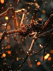 Mechanical Spider, Metallic Exoskeleton, Intricate gears and pistons providing agility An industrial setting with sparks flying Photography, Silhouette lighting, Motion Blur
