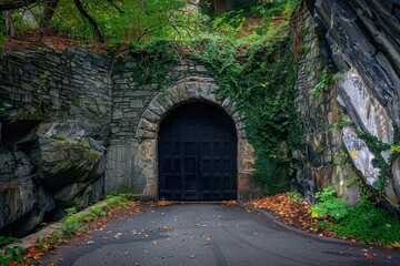 Black door in the tunnel road wall