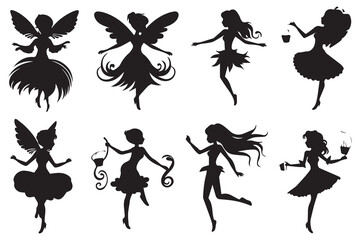 Set of silhouettes of fairies isolated on white background