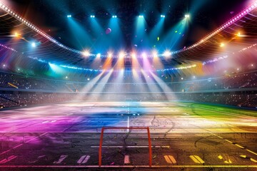 An electrifying sports arena aglow with an array of colorful spotlights and dazzling displays