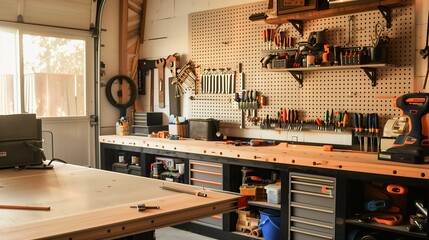A sleek workshop with a pegboard tool organizer and a heavy-duty workbench