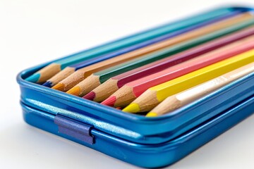 Blue aluminum box with row of colorful pencils ideal for back to school art