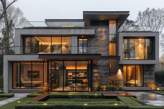 Modern house with glass windows and stone walls, front view, courtyard landscape design, villa photography, panoramic real photos of modern luxury houses in the rain. Created with Ai