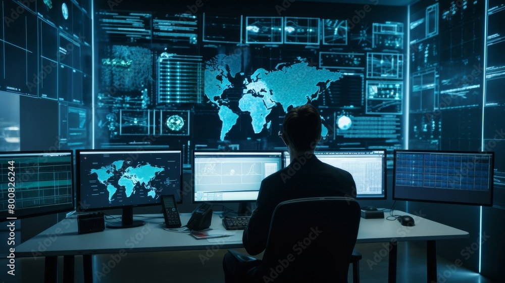 Poster a man is sitting in front of a computer monitor with a lot of screens