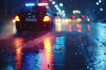 Blurry photo of police car at night in rain during road accident