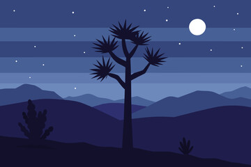 Night in Western American Yucca Tree Plant Vast Desert Landscape vector Illustration design