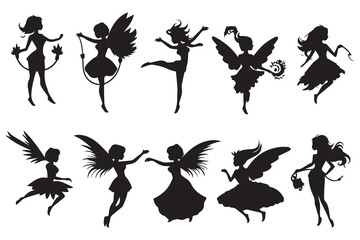 Set of silhouettes of fairies isolated on white background