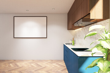 3d rendering of interior blue and wood kitchen side the window with frame mock up. Wood parquet floor and white ceiling. Set 2