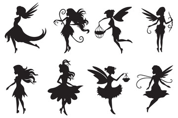 Set of silhouettes of fairies isolated on white background