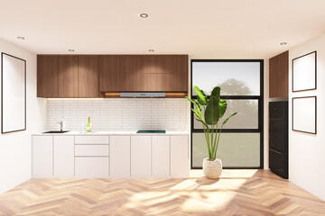 3d rendering of interior white and wood kitchen side the window with frame mock up. Wood parquet floor and white ceiling. Set 6