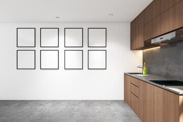 3d rendering of interior gray and wood kitchen side the window with frame mock up. Cement floor and white ceiling. Set 4