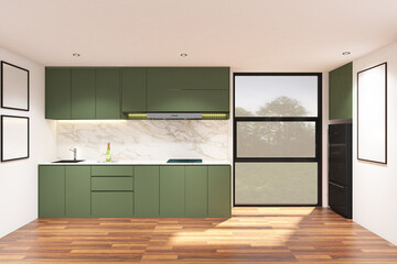 3d rendering of interior green and wood kitchen side the window with frame mock up. Wood parquet floor and white ceiling. Set 5