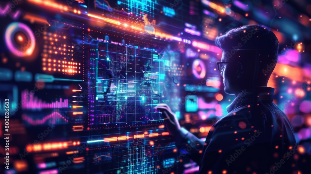 Poster a man is standing in front of a computer monitor with a headset on