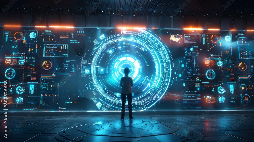 Poster a man is standing in front of a computer monitor with a headset on
