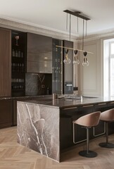 An artful symphony of sleek lines and lavish materials, our modern kitchen boasts exquisite cabinets framing a central island