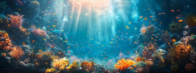 A colorful underwater scene with a large ship in the middle