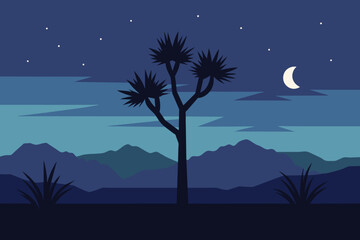 Night in Western American Yucca Tree Plant Vast Desert Landscape vector Illustration design