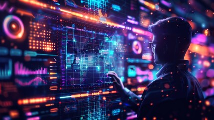 A man is standing in front of a computer monitor with a headset on