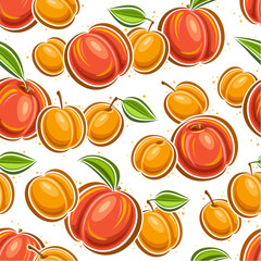 Vector Apricot and Peach seamless pattern, decorative background with flying cartoon fruits for wrapping paper, square placard with flat lay apricots and peaches with green leaves on white background