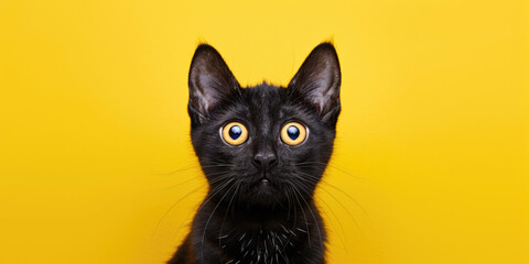 Surprised with news with prices Black Friday 13th concept. Portrait of a shocked black cat with huge opened eyes on yellow background. Copy paste empty place for text