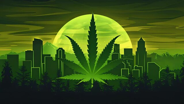 Pushing towards an illustration of a giant green marijuana leaf over Portland, Oregon with the moon rising behind it. Logo for Portland based cannabis products company.