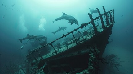 Exploring a sunken shipwreck surrounded by curious fish and playful dolphins  