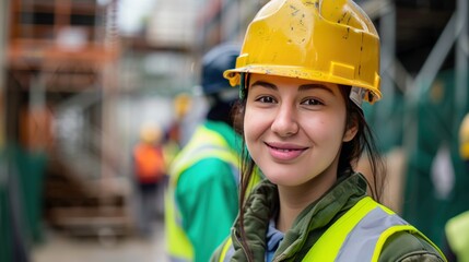 Female worker with yellow helmet smiling and looking at the camera. Generate AI image