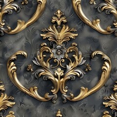 Design a wallpaper with a luxurious combination of black and gold hardedged ornaments against a backdrop of dark silver and dark gray