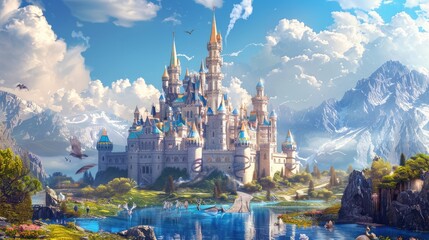Fairytale kingdom with a majestic castle and magical creatures  - Powered by Adobe