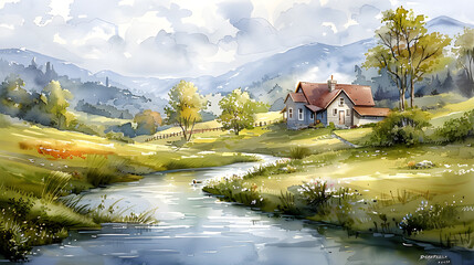 A tranquil watercolor illustration capturing the beauty and tranquility of rural life, featuring rolling hills, a winding river, and a charming farmhouse nestled among trees.