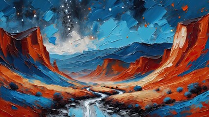 Beautiful valley landscape with starry sky, oil painting