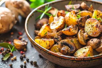 Bowl of roasted potatoes and mushrooms focus on tones